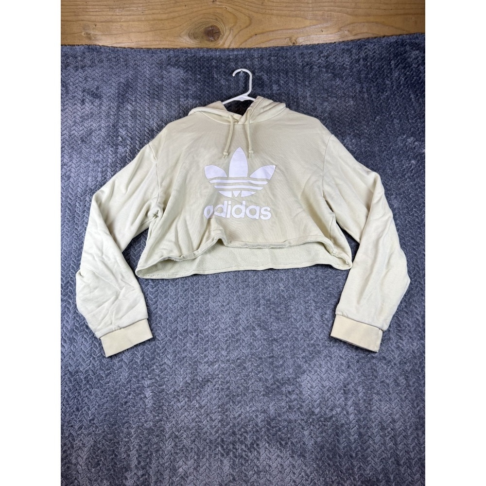 Adidas Cropped Hoodie Womens Large Beige Long Sleeve Trefoil Logo Drawstring